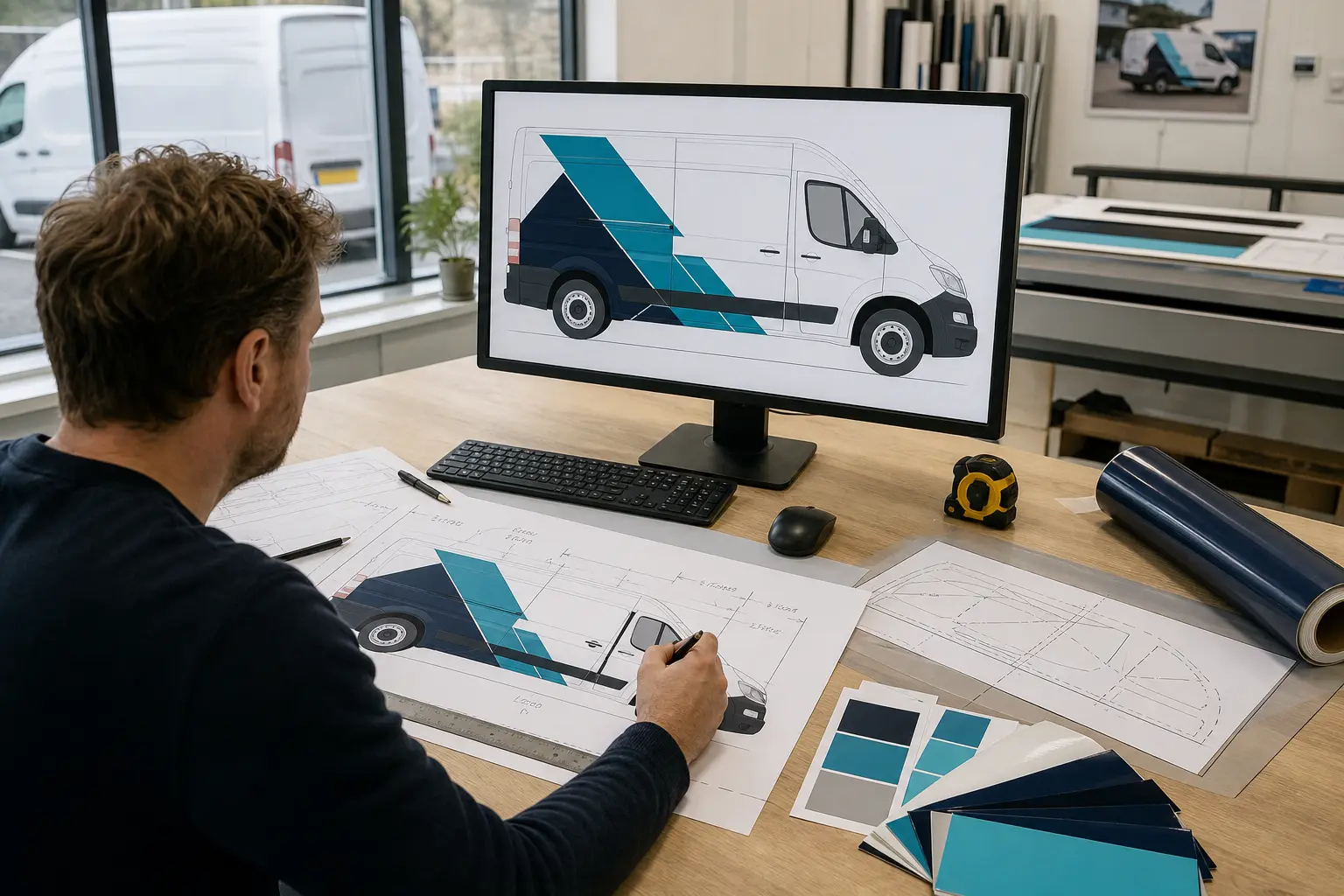 Signmaker werkt een AI-ontwerp uit op de exacte maatvoering van een bedrijfswagen
