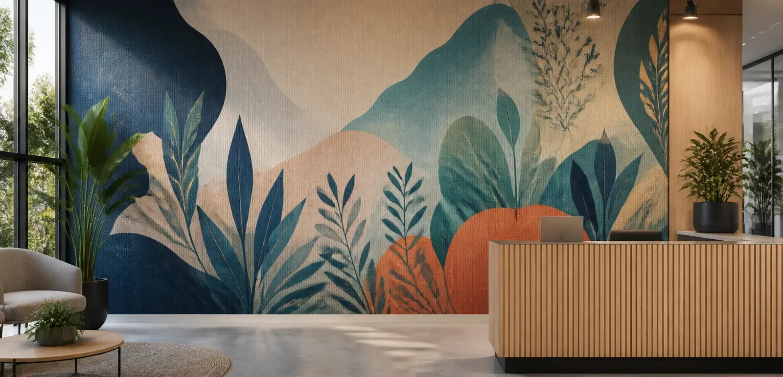 Moderne kantoorentree met een kamerbrede Airtex fotowand in een kleurrijk botanisch ontwerp