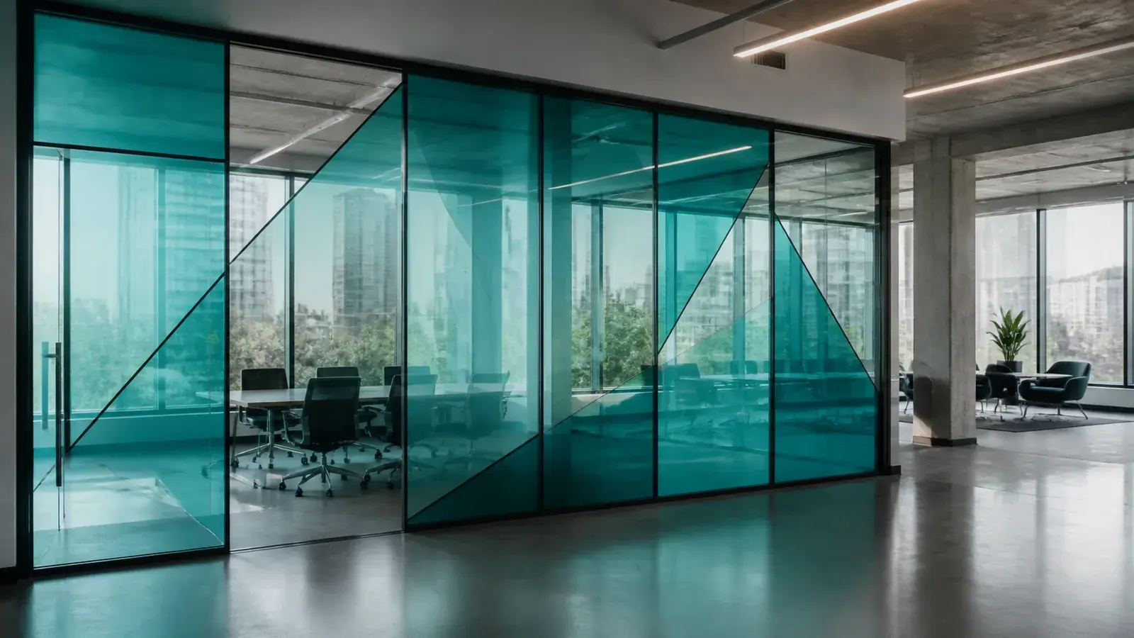 Turquoise transparante folie op glazen kantoorwanden