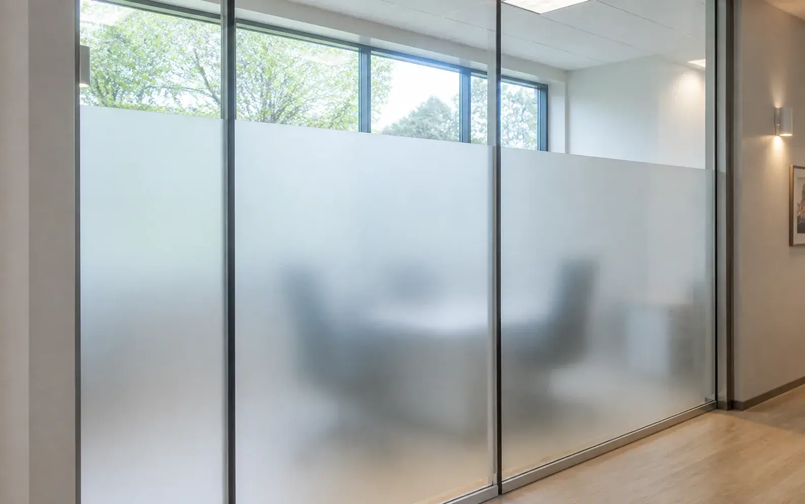 Full-coverage frosted film that limits views in while letting daylight through