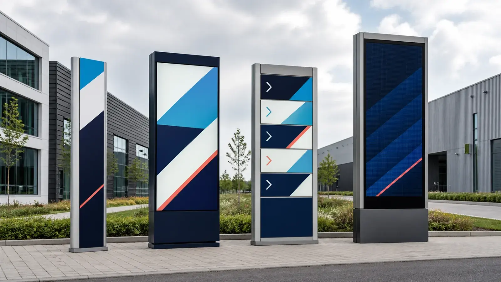 Vier verschillende reclamezuilen op een modern bedrijvenpark