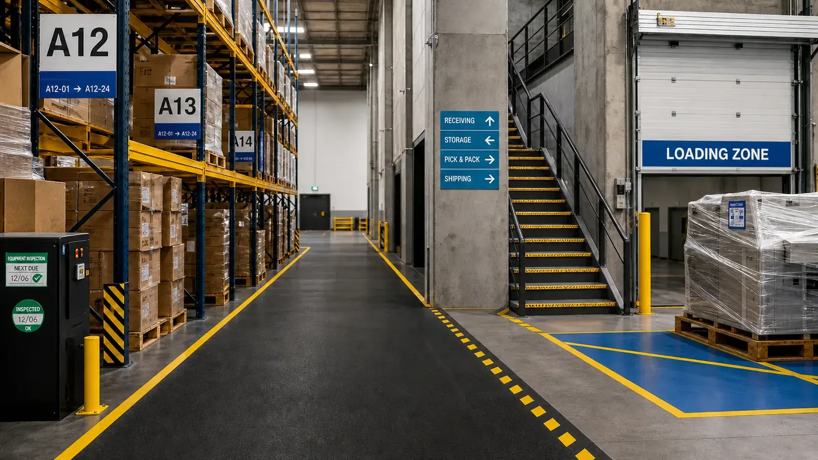 Veilig ingericht magazijn met vloermarkering en logistieke signing