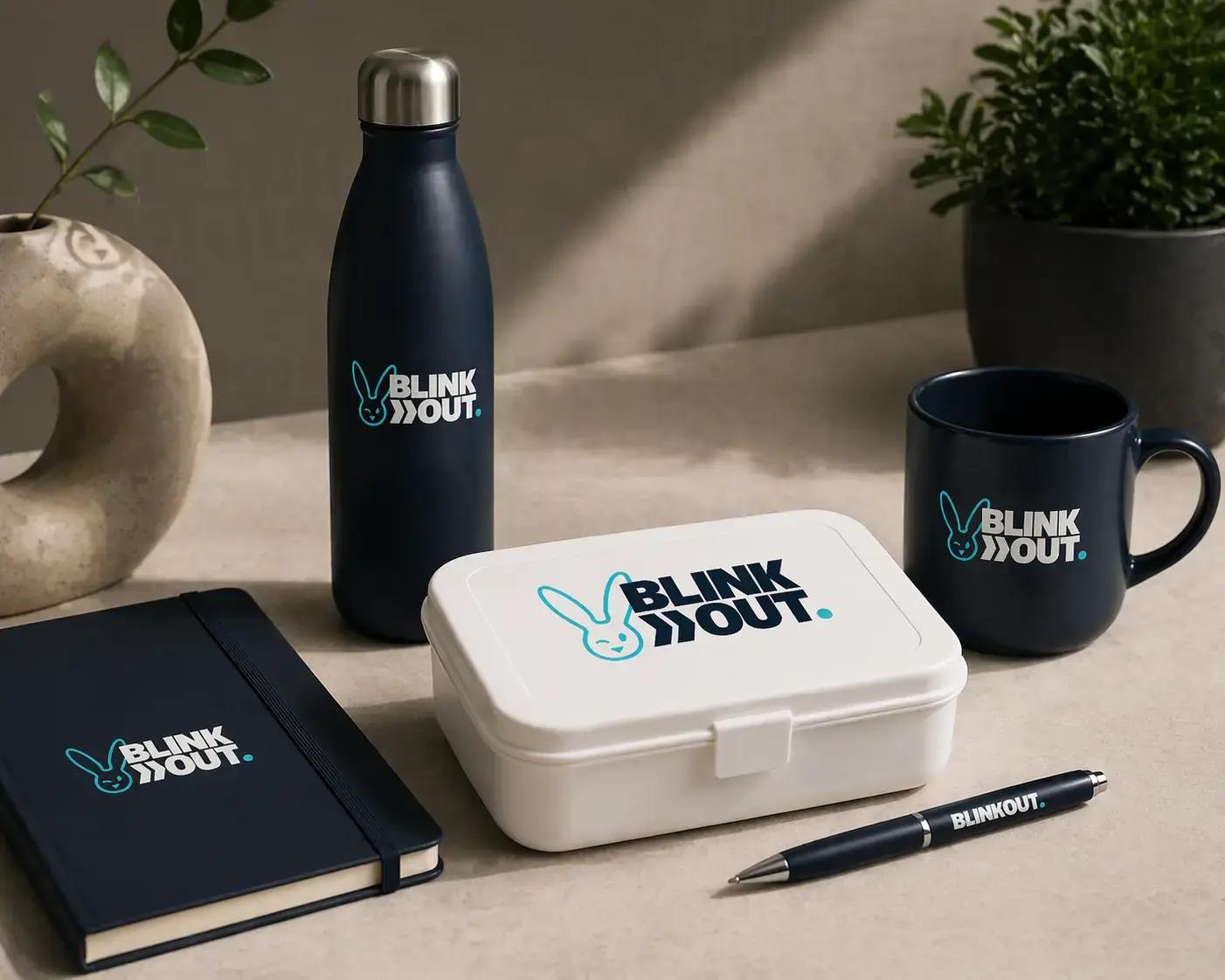 Set promotionele relatiegeschenken met BLINK OUT-logo, waaronder een thermosfles, mok, lunchbox, notitieboek en pen, stijlvol gepresenteerd op een bureau.