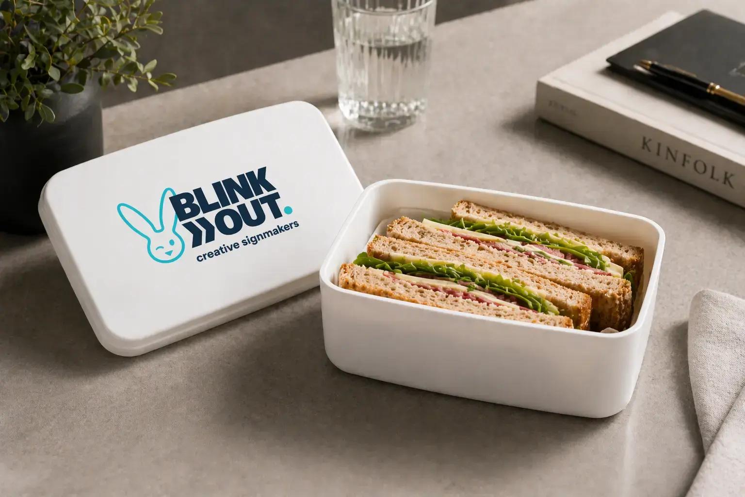 Witte lunchbox met BLINK OUT creative signmakers-logo op het deksel, gevuld met sandwiches en gepresenteerd als promotioneel relatiegeschenk op een bureau.