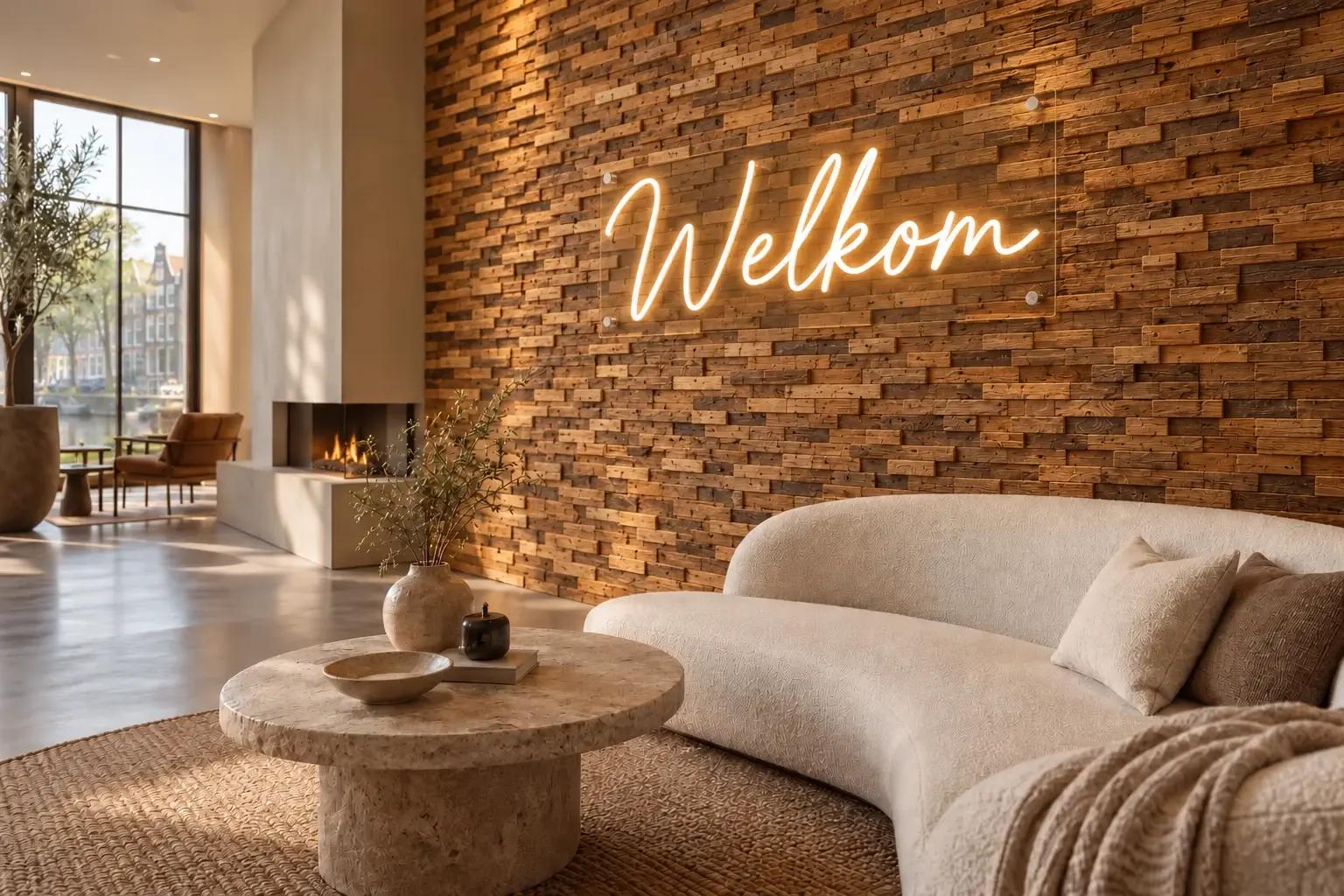 Fine wooden relief wall with warm neon-style lettering
