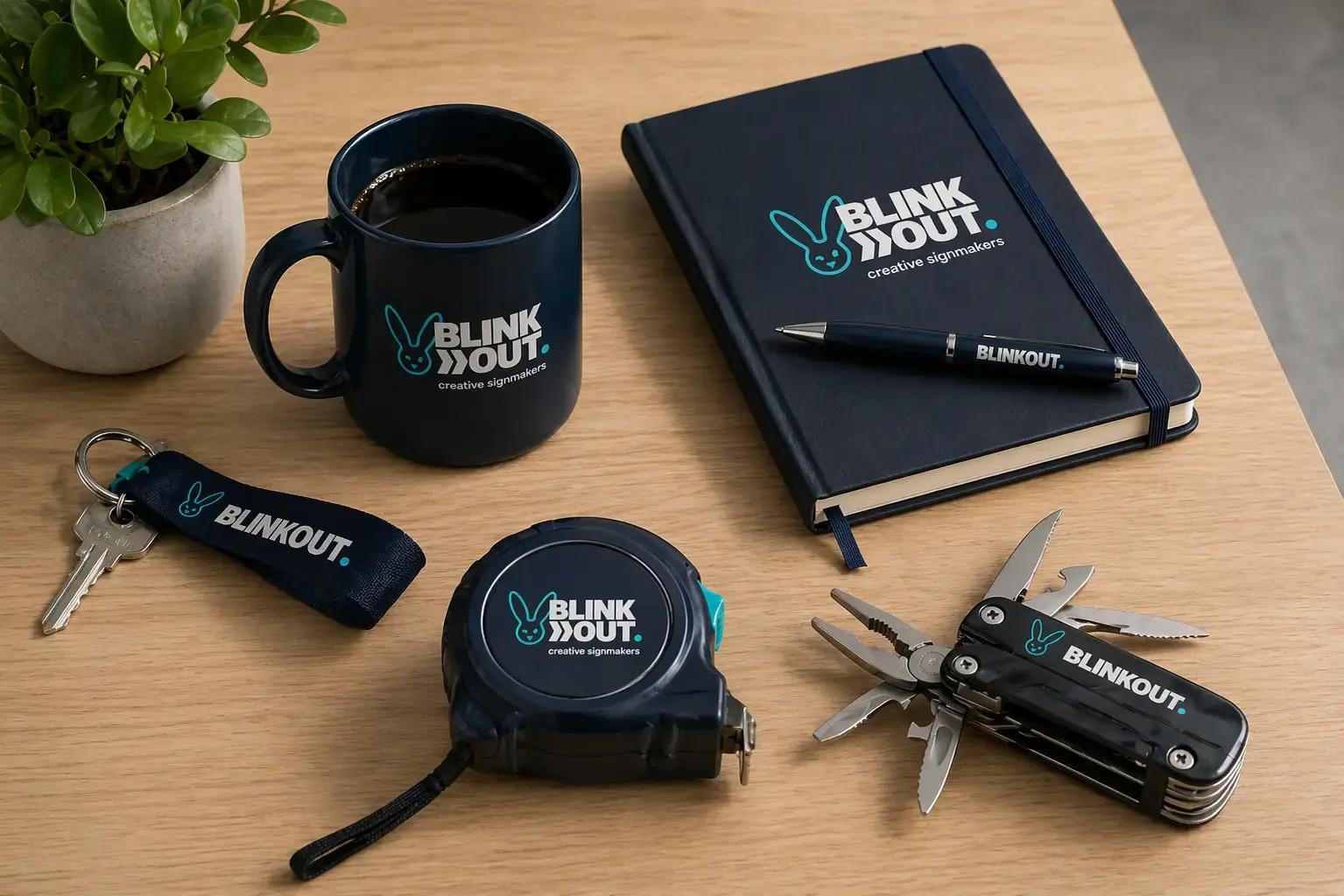 Promotionele relatiegeschenken met BLINK OUT-logo op een houten bureau, waaronder een mok, notitieboek, pen, sleutelhanger, rolmaat en multitool.
