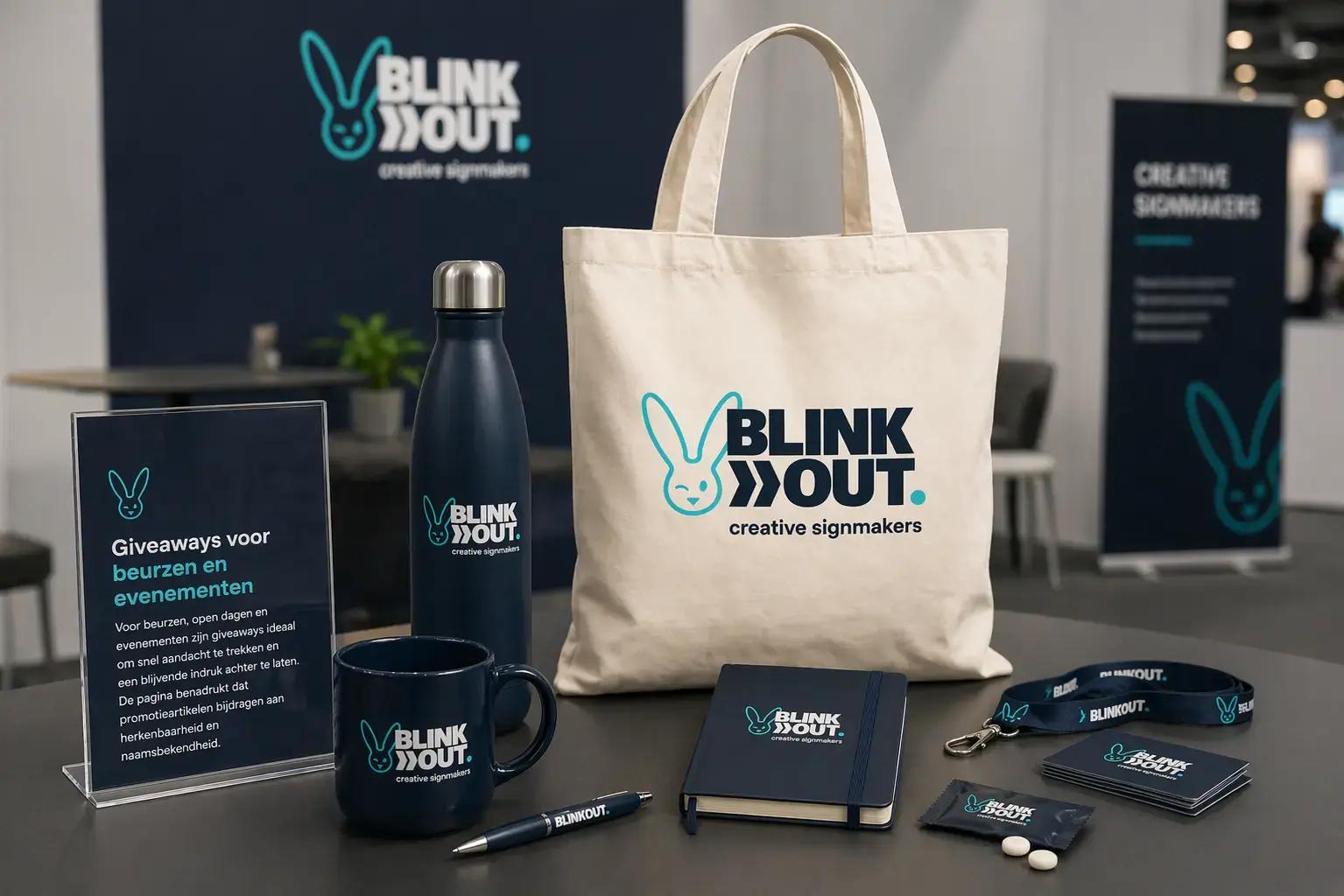 Presentatie van promotionele relatiegeschenken met BLINK OUT creative signmakers-logo, waaronder een draagtas, thermosfles, mok, notitieboek, pen, keycord en flyers op een beursstand.