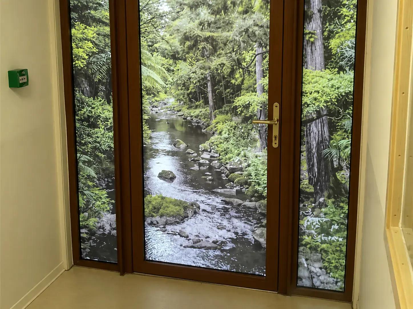 Deur en zijramen met full-colour raamfolie van een bosbeek, toegepast als decoratieve glasfolie en rustgevende interieurvisual.