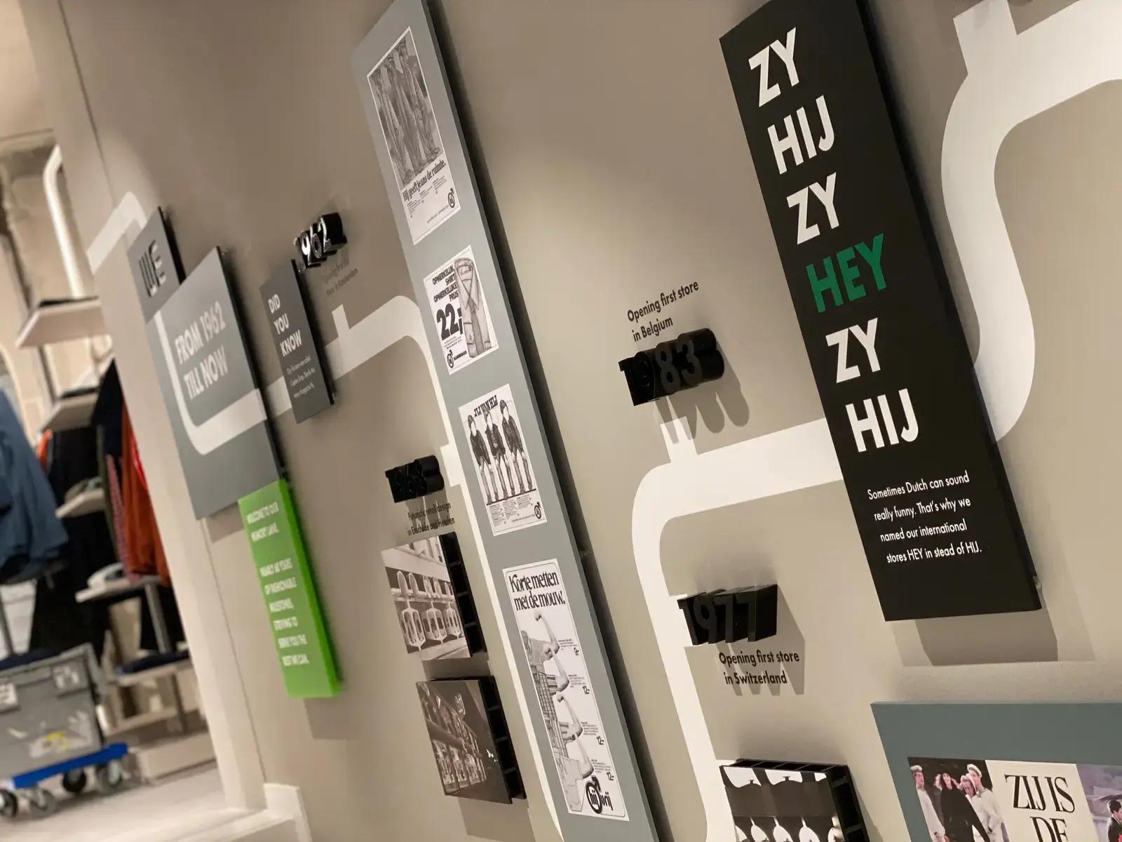 Wanddisplay met tijdlijnpanelen, typografische interieurbelettering en historische visuals, toegepast als informatieve interieurcommunicatie in een winkelinterieur.