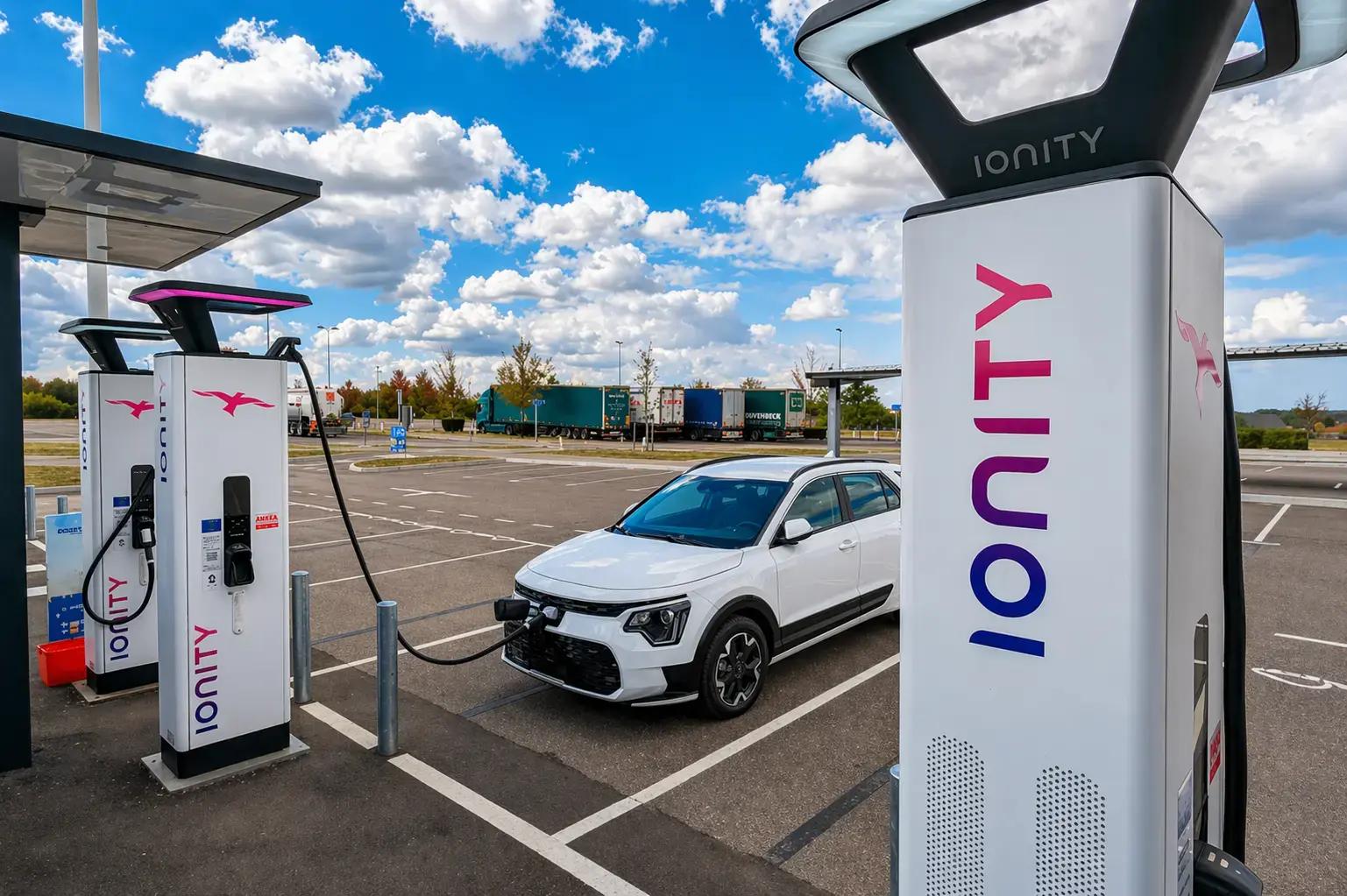 IONITY laadpalen met full colour branding bij een snellaadstation waar een witte elektrische auto wordt opgeladen.