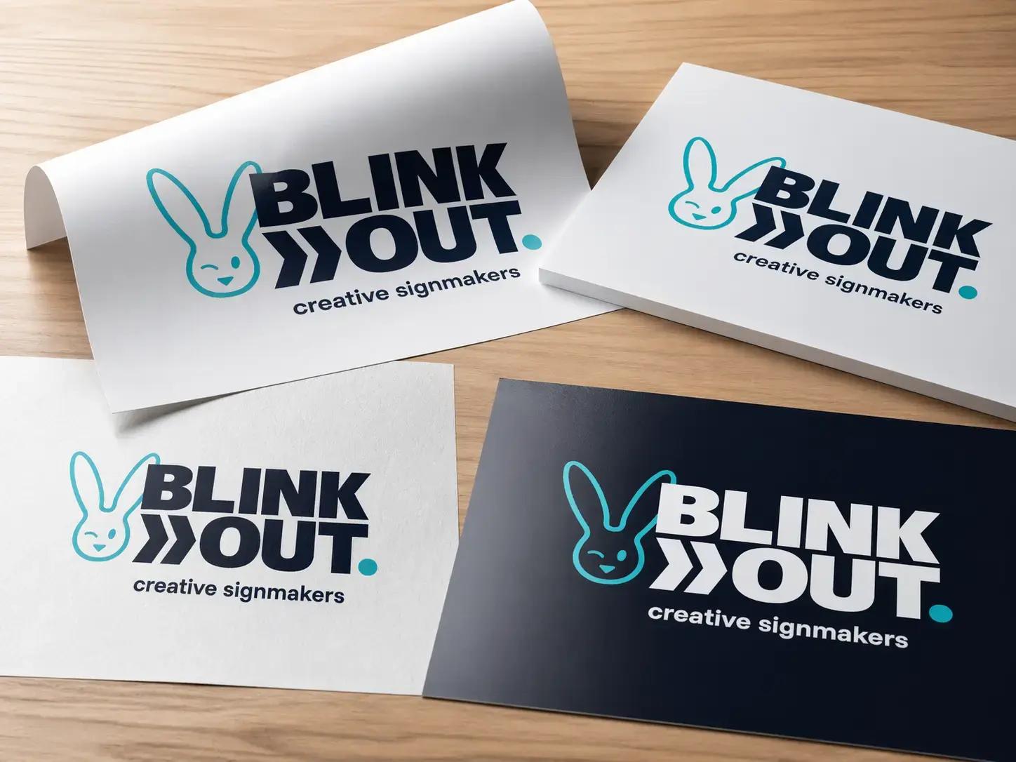 Logo-presentatie van BLINK OUT creative signmakers op verschillende drukwerktoepassingen, waaronder witte en donkerblauwe kaarten met contrasterende print op een houten ondergrond.