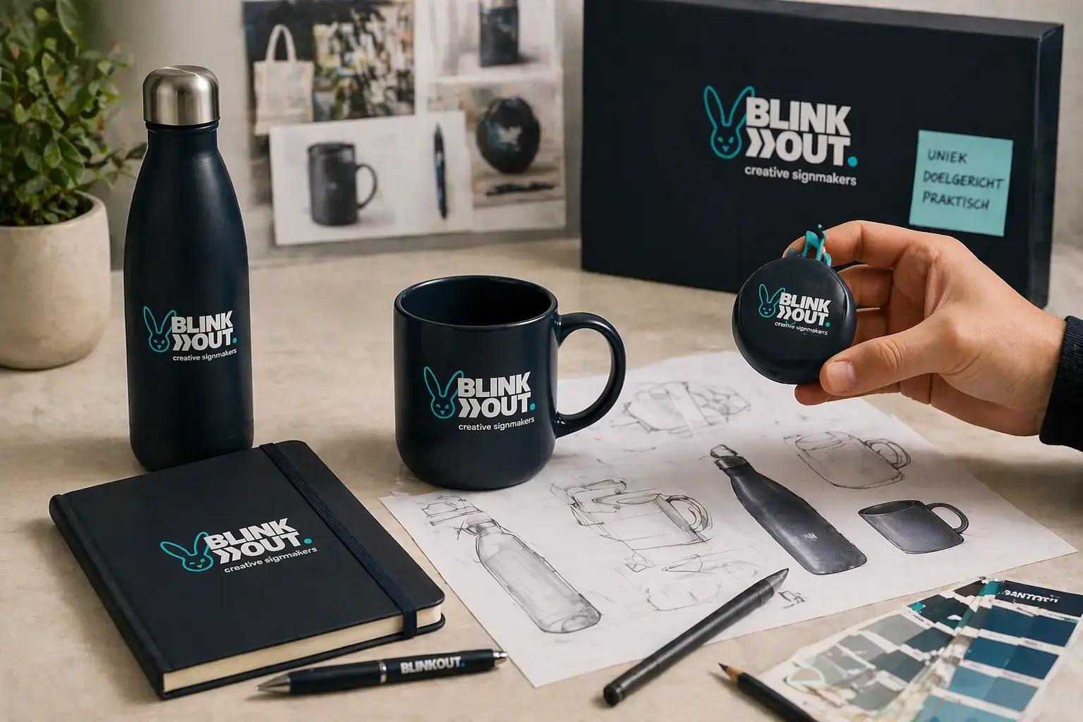 Presentatie van promotionele relatiegeschenken met BLINK OUT creative signmakers-logo, waaronder een thermosfles, mok, notitieboek, pen en ronde sleutelhanger, gepresenteerd naast productschetsen en kleurstalen op een bureau.