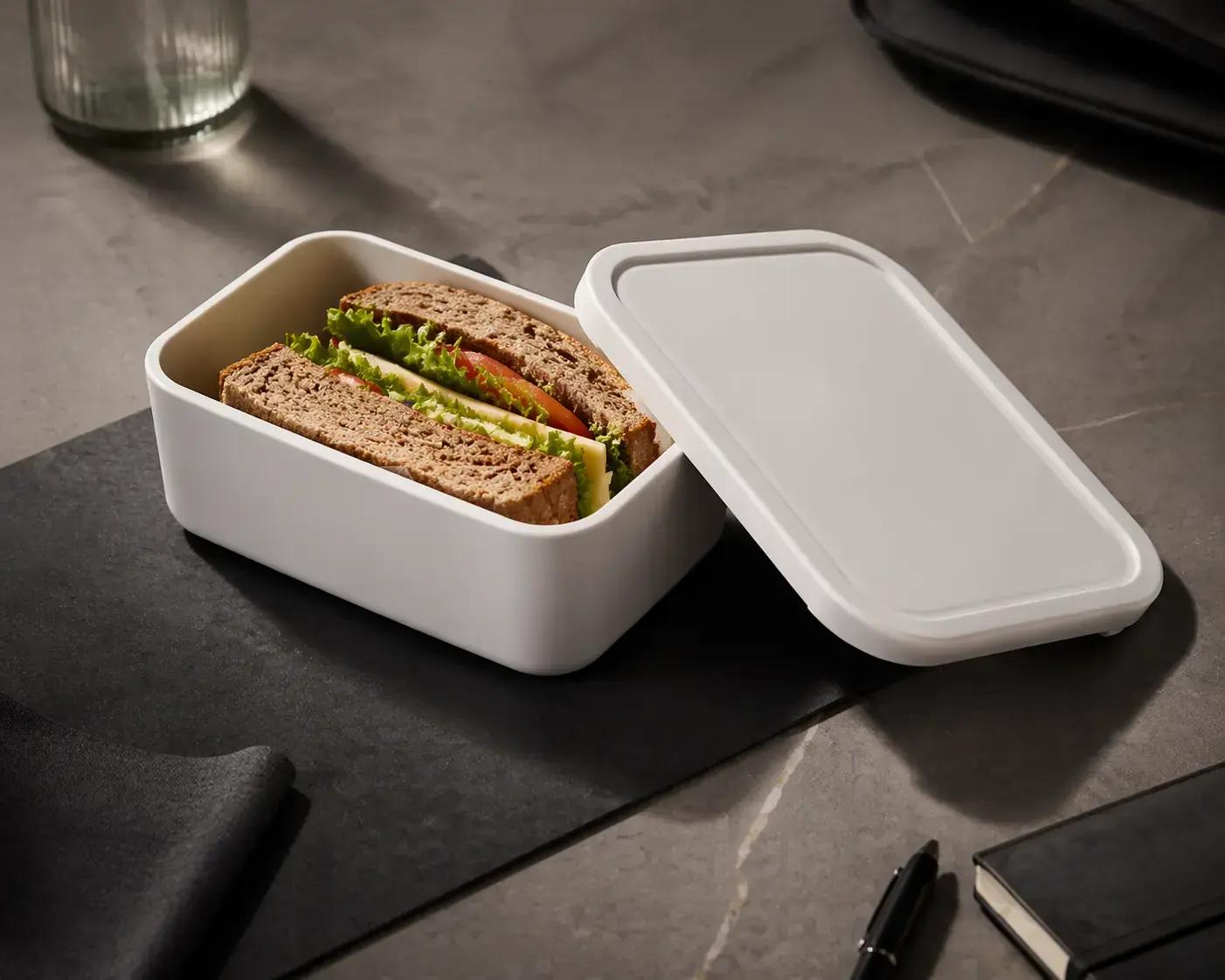 Witte lunchbox met deksel en belegde sandwiches, gepresenteerd op een donker werkblad als blanco promotioneel relatiegeschenk.