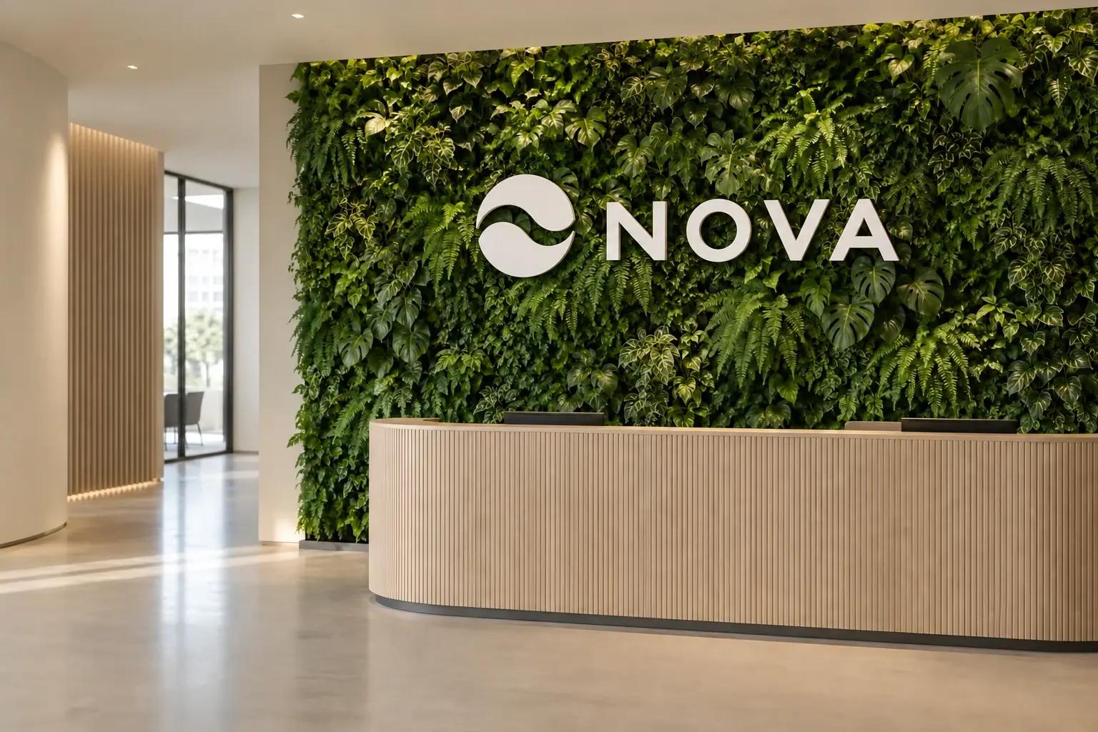 Plant wall with a white acrylic logo at reception