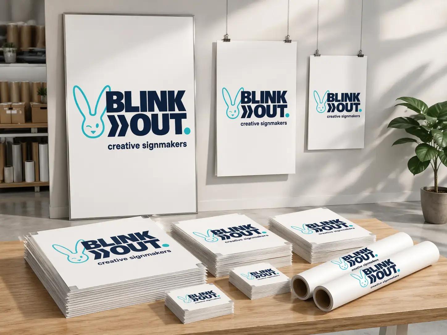 Presentatie van BLINK OUT creative signmakers-huisstijl met logo op posters, drukwerk en opgerolde prints, opgesteld op een tafel in een lichte studio.