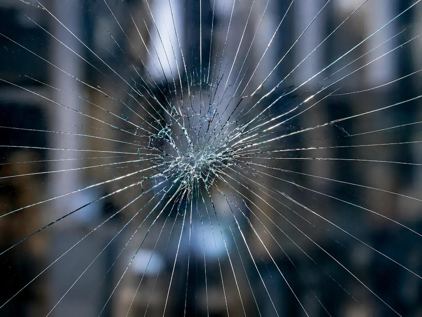 Gebarsten glas met stervormige barsten vanuit een centraal inslagpunt, geschikt als beeld voor glasbescherming of veiligheidsfolie.