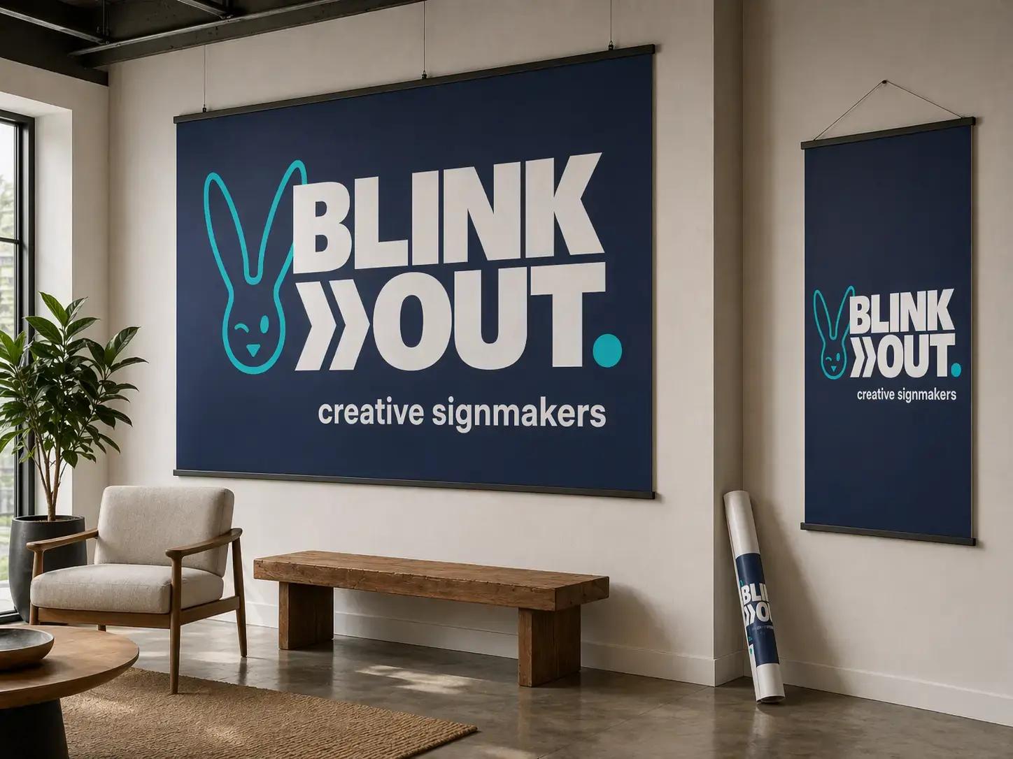 Interieur met grote donkerblauwe textielbanners van BLINK OUT creative signmakers, hangend aan de wand in verschillende formaten als opvallende indoor merkpresentatie.