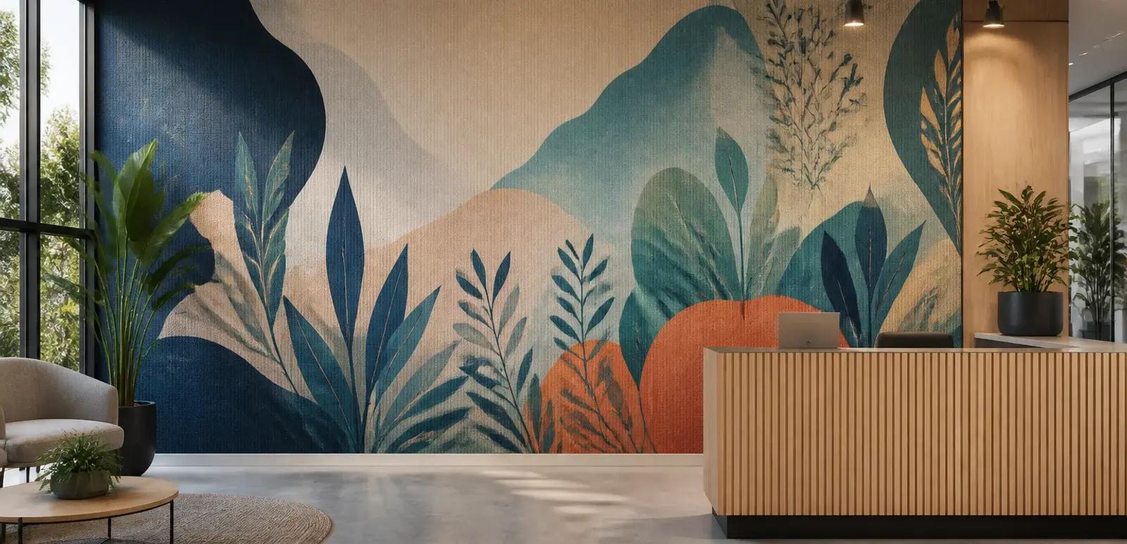 Moderne kantoorentree met een kamerbrede Airtex fotowand in een kleurrijk botanisch ontwerp