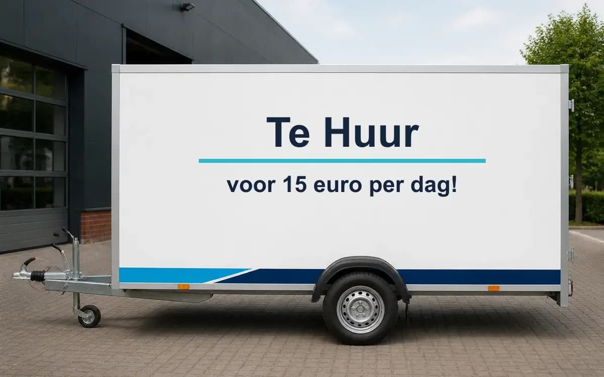 Aanhanger met de tekst Te Huur voor 15 euro per dag