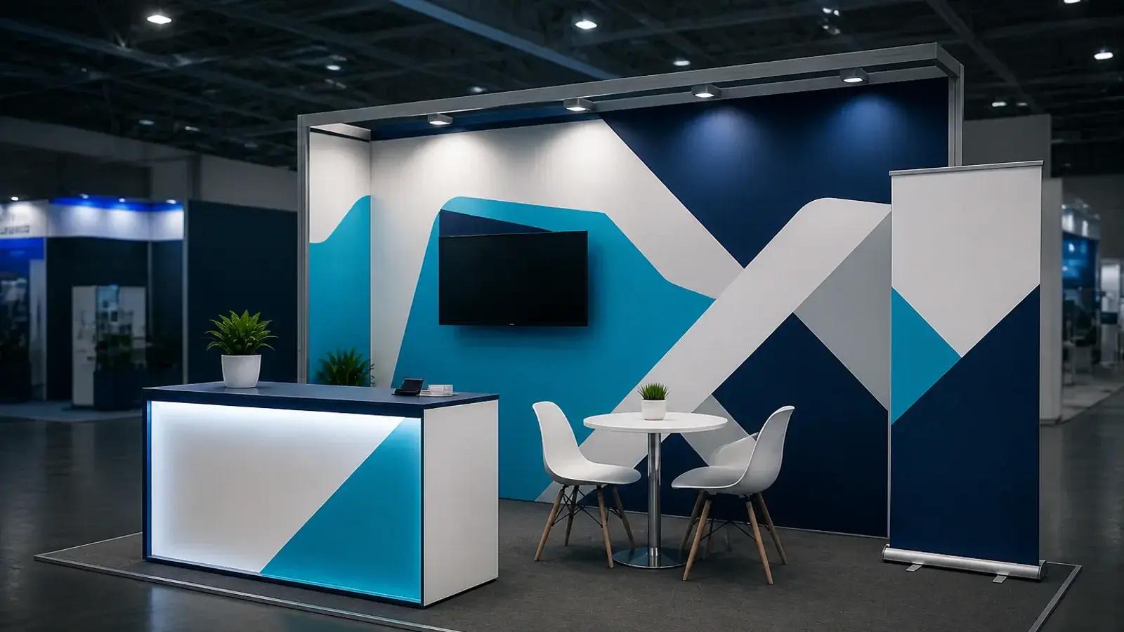 Modulaire beursstand met presentatiewand, balie en roll-up
