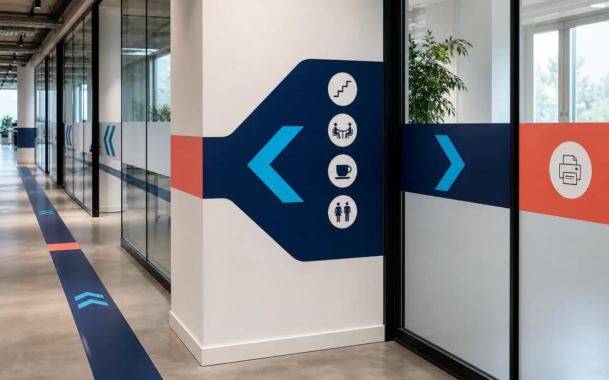 Full-colour routefolie door een moderne kantooromgeving