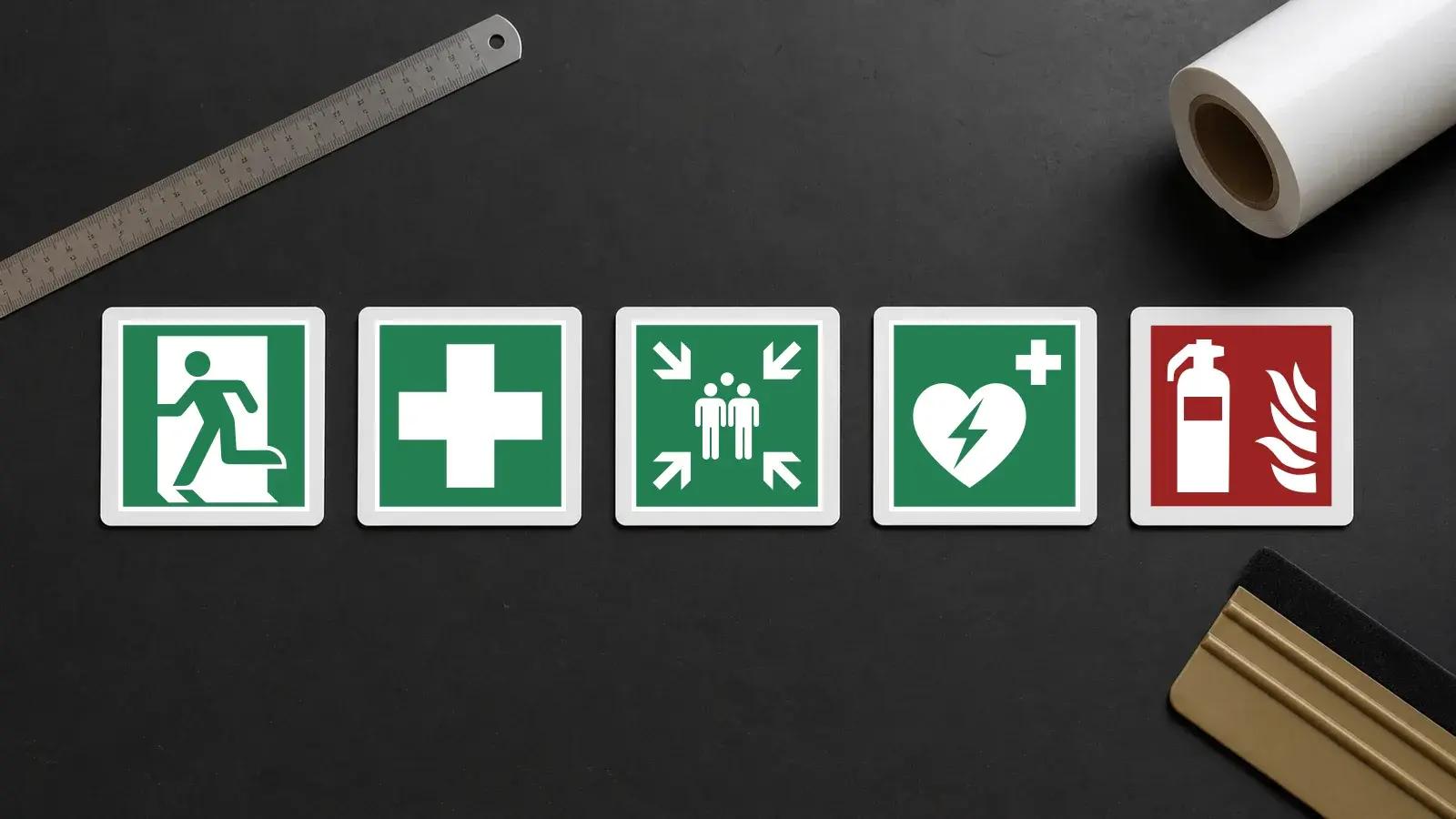 Overzicht van BHV- en veiligheidsstickers met ISO 7010-symbolen