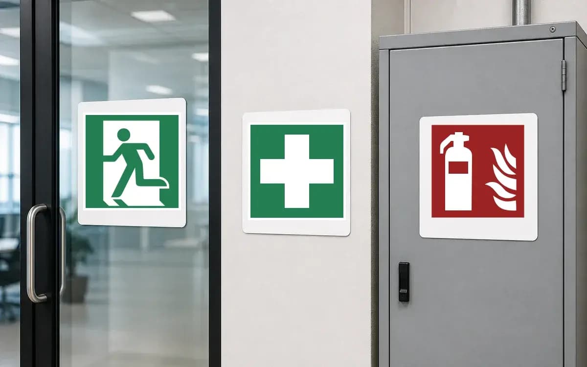 Veiligheidssymbolen aangebracht op deur, wand en materiaal