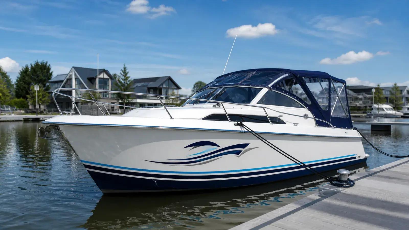 Motorboot met elegante maritieme belettering en striping