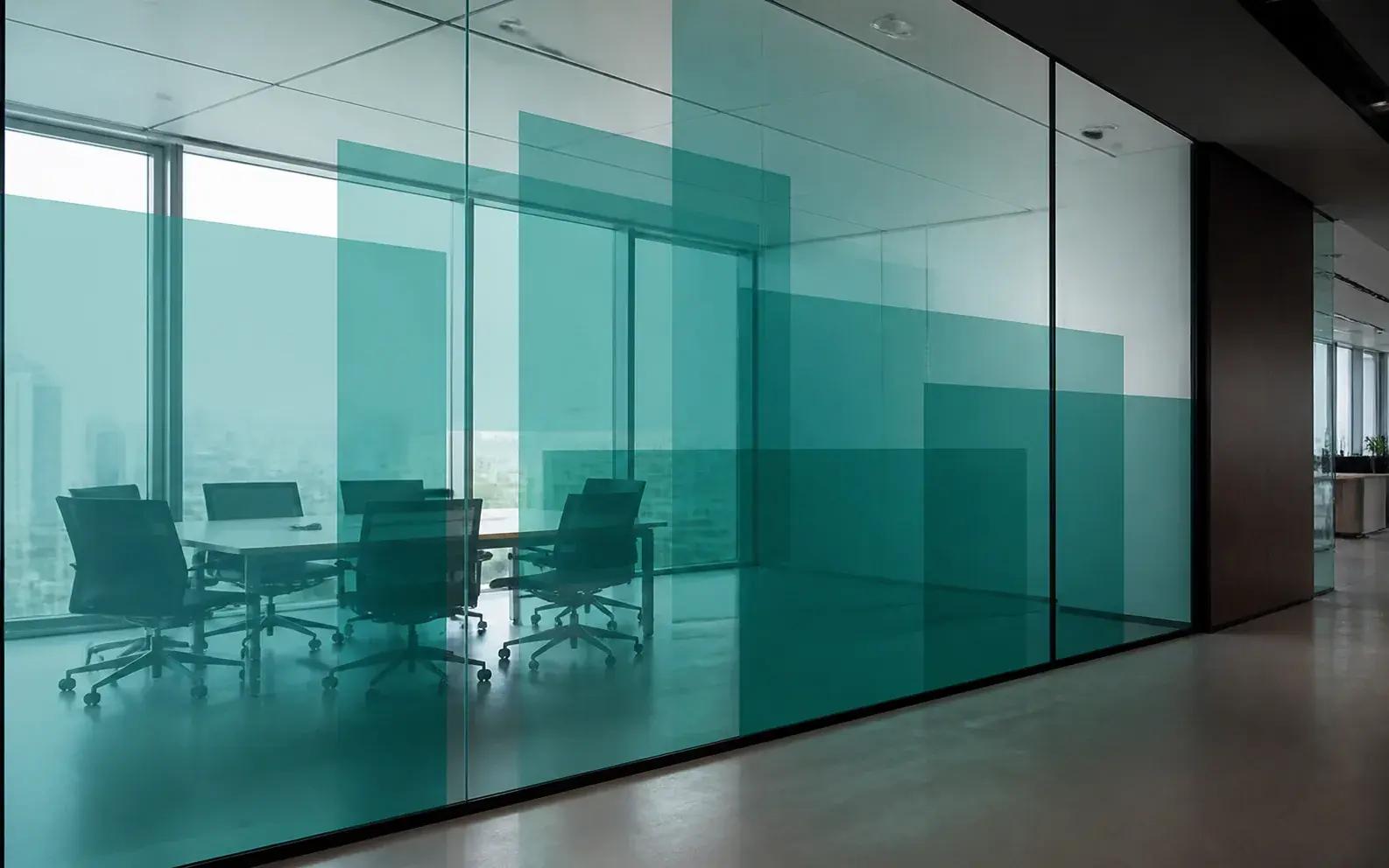 Transparante turquoise folie in overlappende vlakken op glas