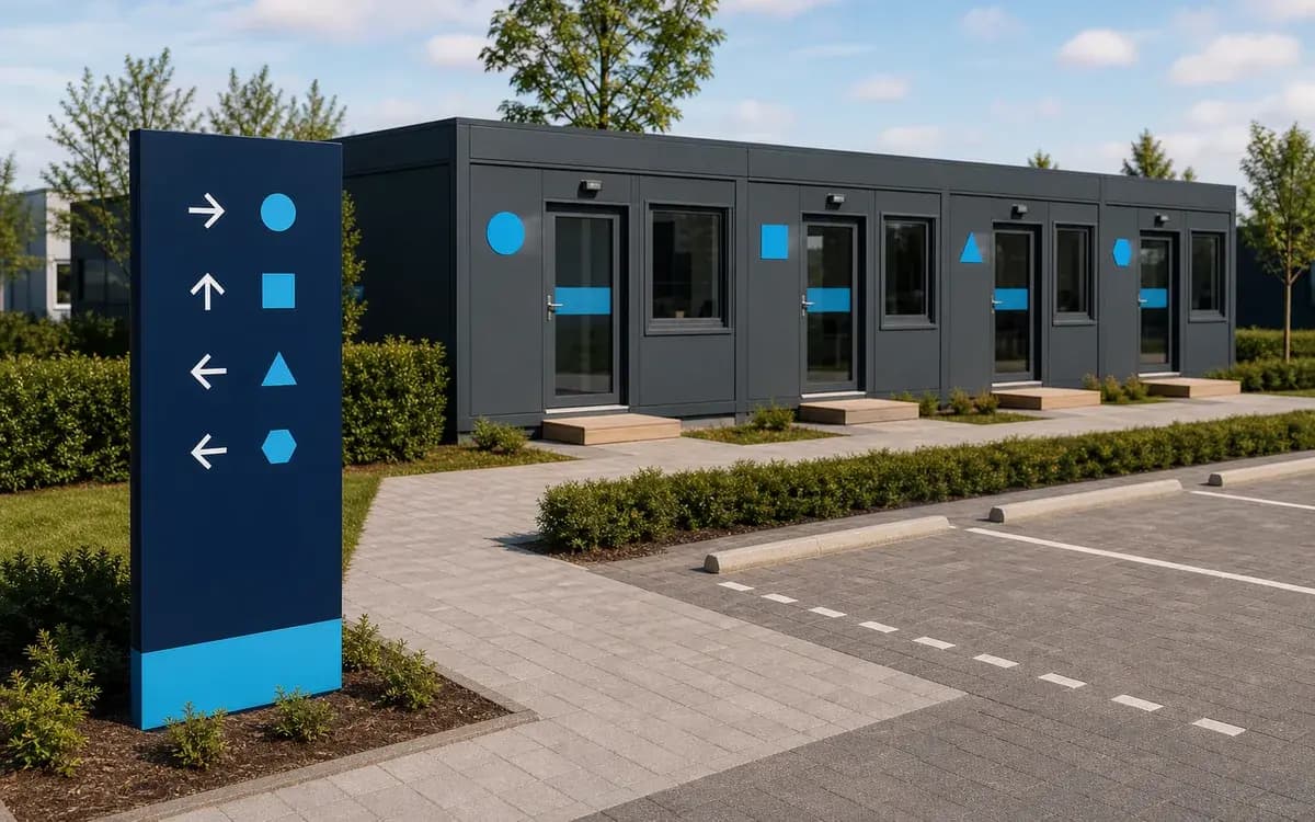 Duidelijke bewegwijzering rond tijdelijke kantoorunits