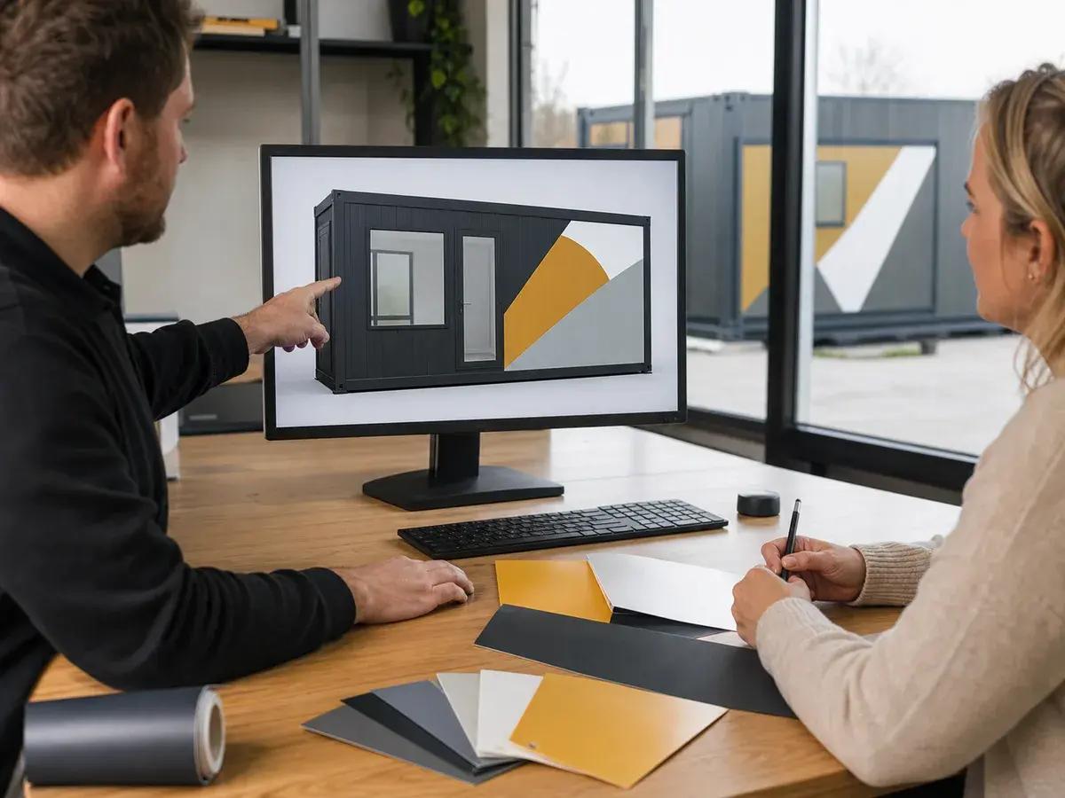 Modulaire kantoorunit met samenhangende signing aan binnen- en buitenzijde
