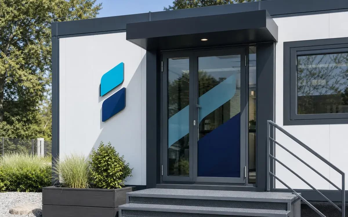 Logo en belettering op een modulaire kantoorunit