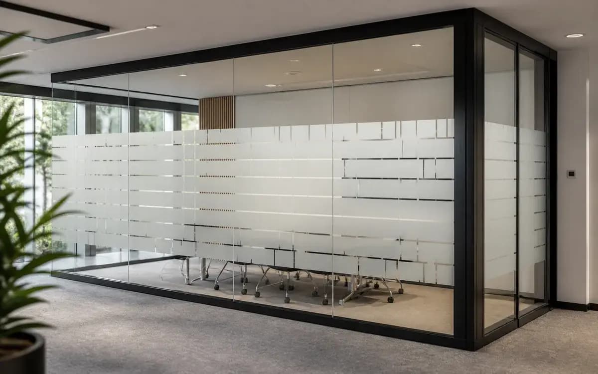 Privacy- en decoratiefolie op de ramen van een kantoorunit