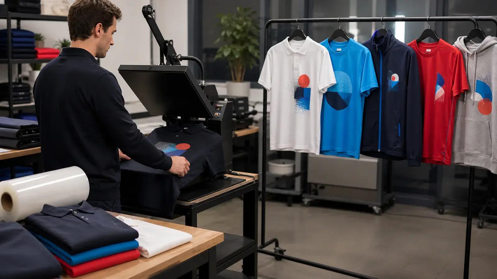 Textieldrukker met hittepers en een gevarieerde collectie bedrukte kleding