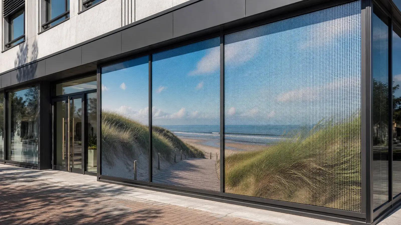 Bedrukte one-way-visionfolie over een volledige winkelpui