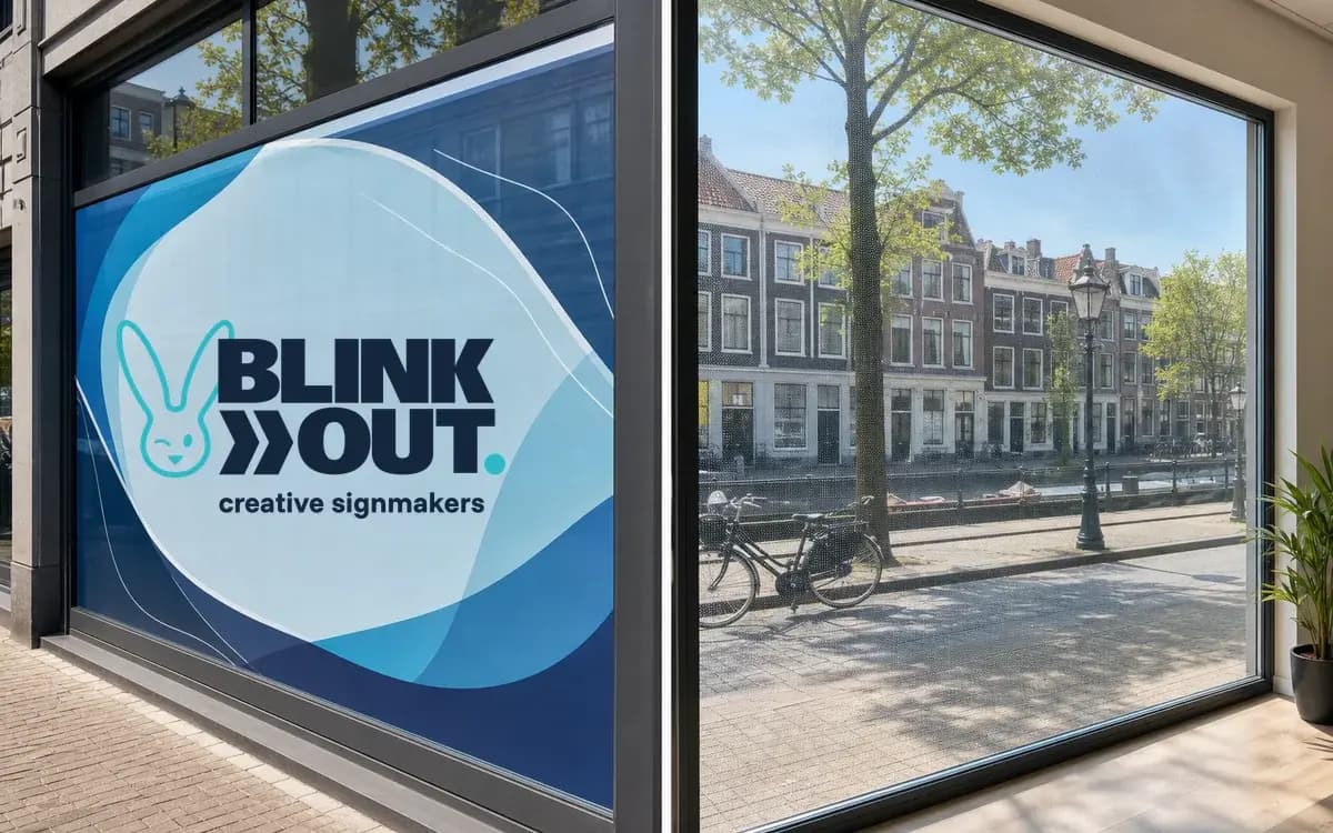 Buiten- en binnenaanzicht van BlinkOut one-way-visionfolie in één beeld