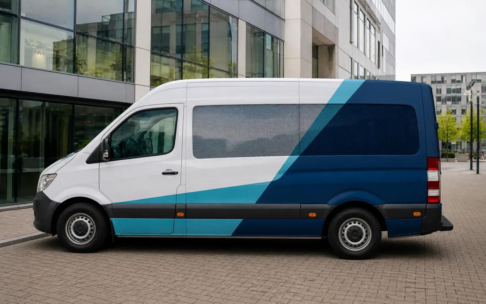 One-way-visionfolie op de zijramen van een bedrijfswagen