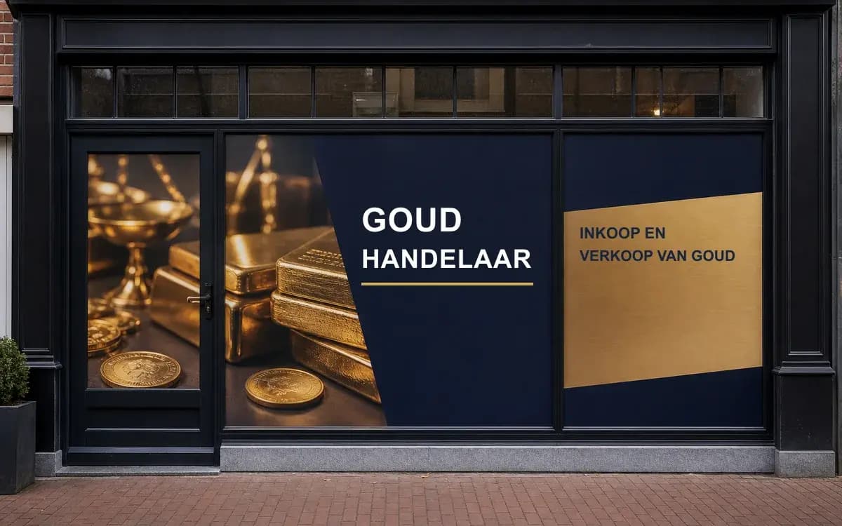 Goudhandelaar met subtiel geperforeerde bedrukte winkelramen