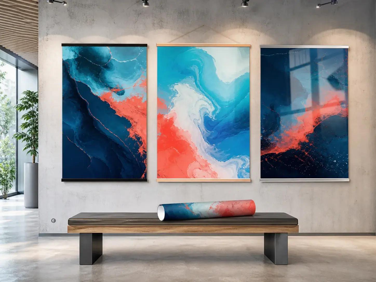 Drie grote posters en een opgerolde grootformaat print