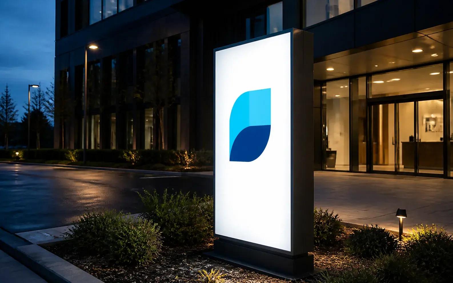 Intern verlichte reclamezuil in de avond