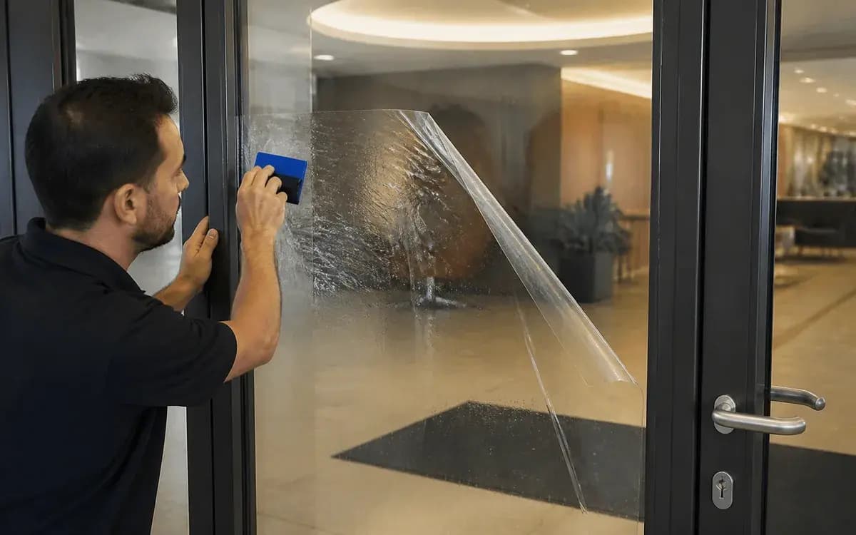 Heldere veiligheidsfolie op een glazen wand