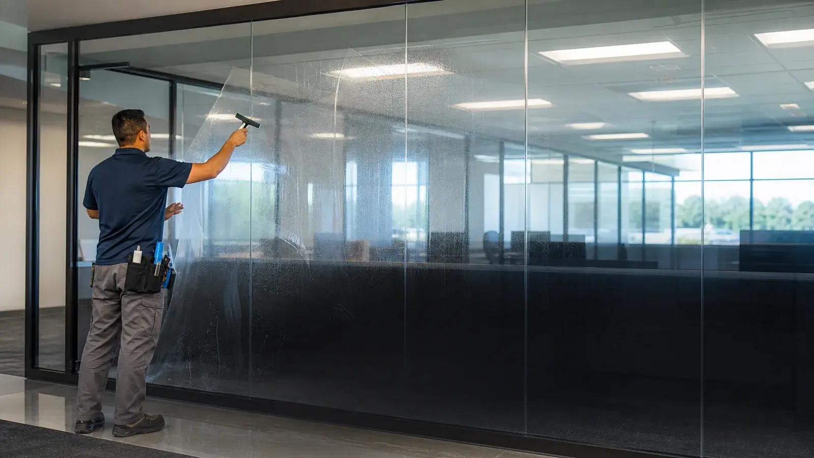 Veiligheidsfolie op grote glazen gevelpanelen