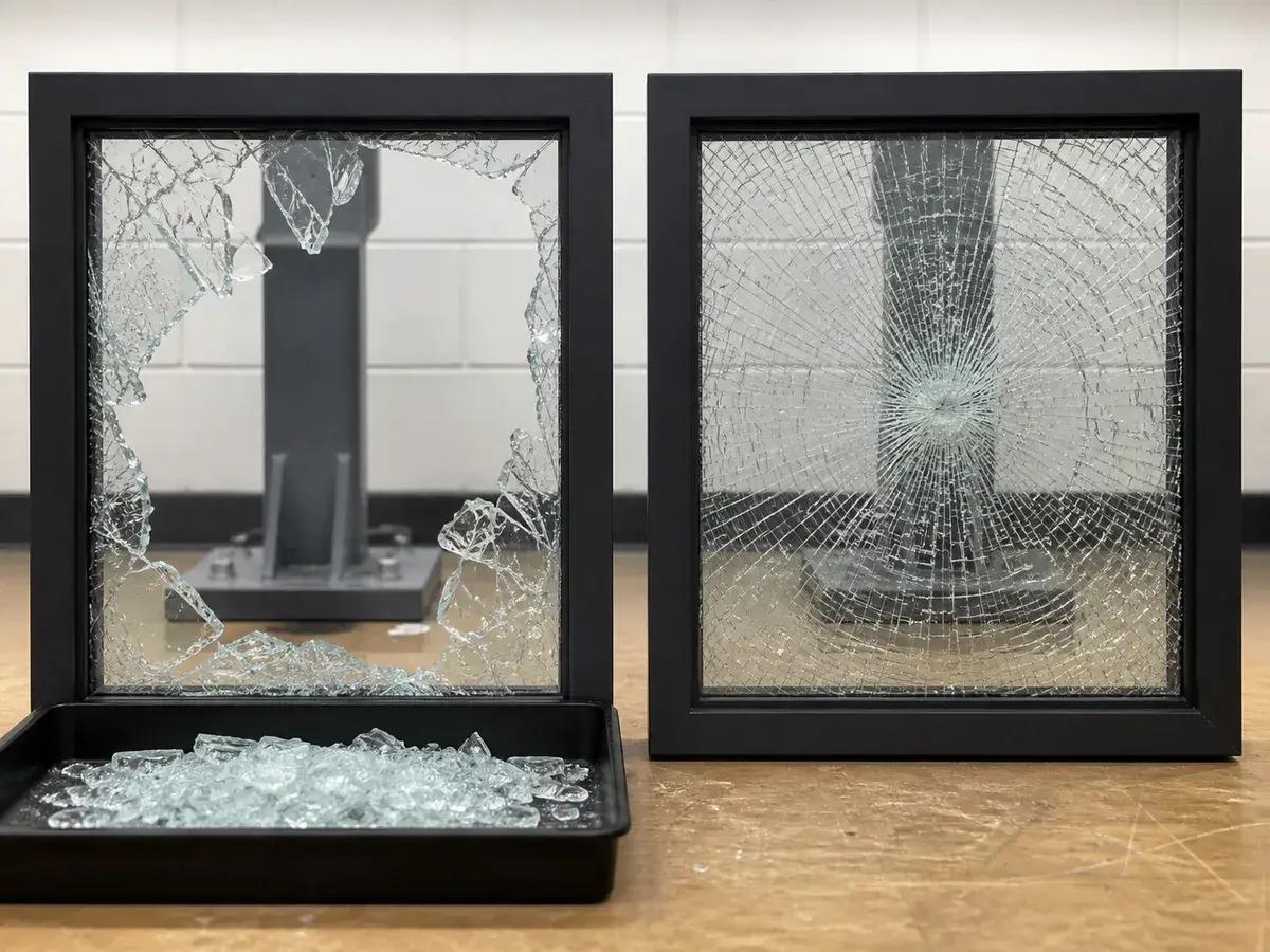 Vergelijking van gebroken glas met en zonder veiligheidsfolie