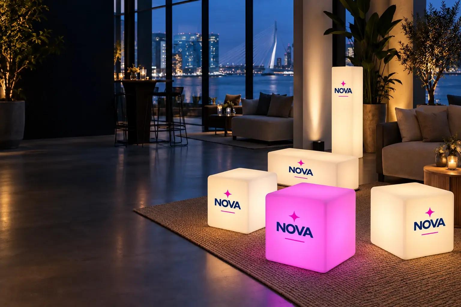 AI design example of LED cubes and illuminated furniture with fictional NOVA logos