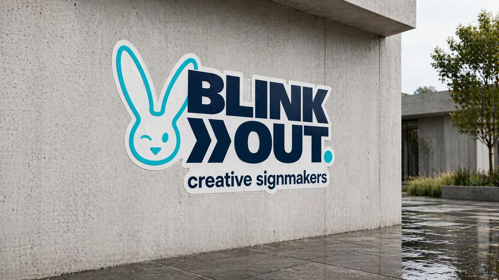 Contourgesneden gevelreclame met BLINK OUT creative signmakers-logo, gemonteerd op een betonnen buitenmuur bij een modern bedrijfspand.