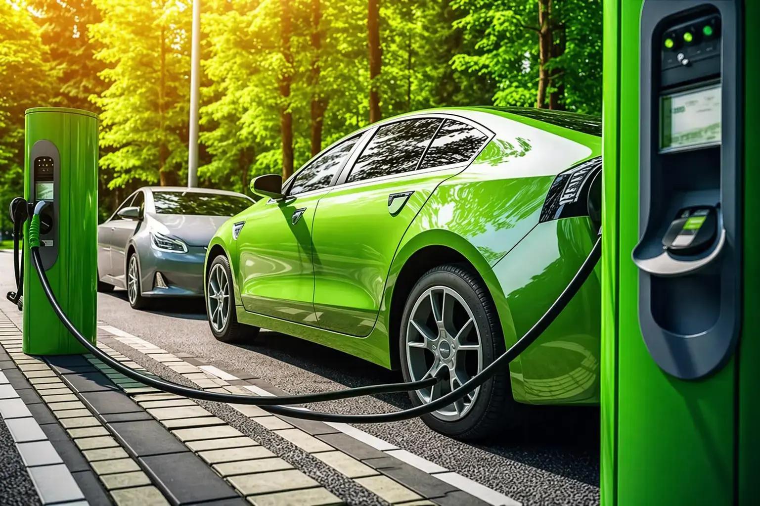 Groene laadpalen met laadkabels bij elektrische auto’s langs een weg in een groene, bosrijke omgeving.