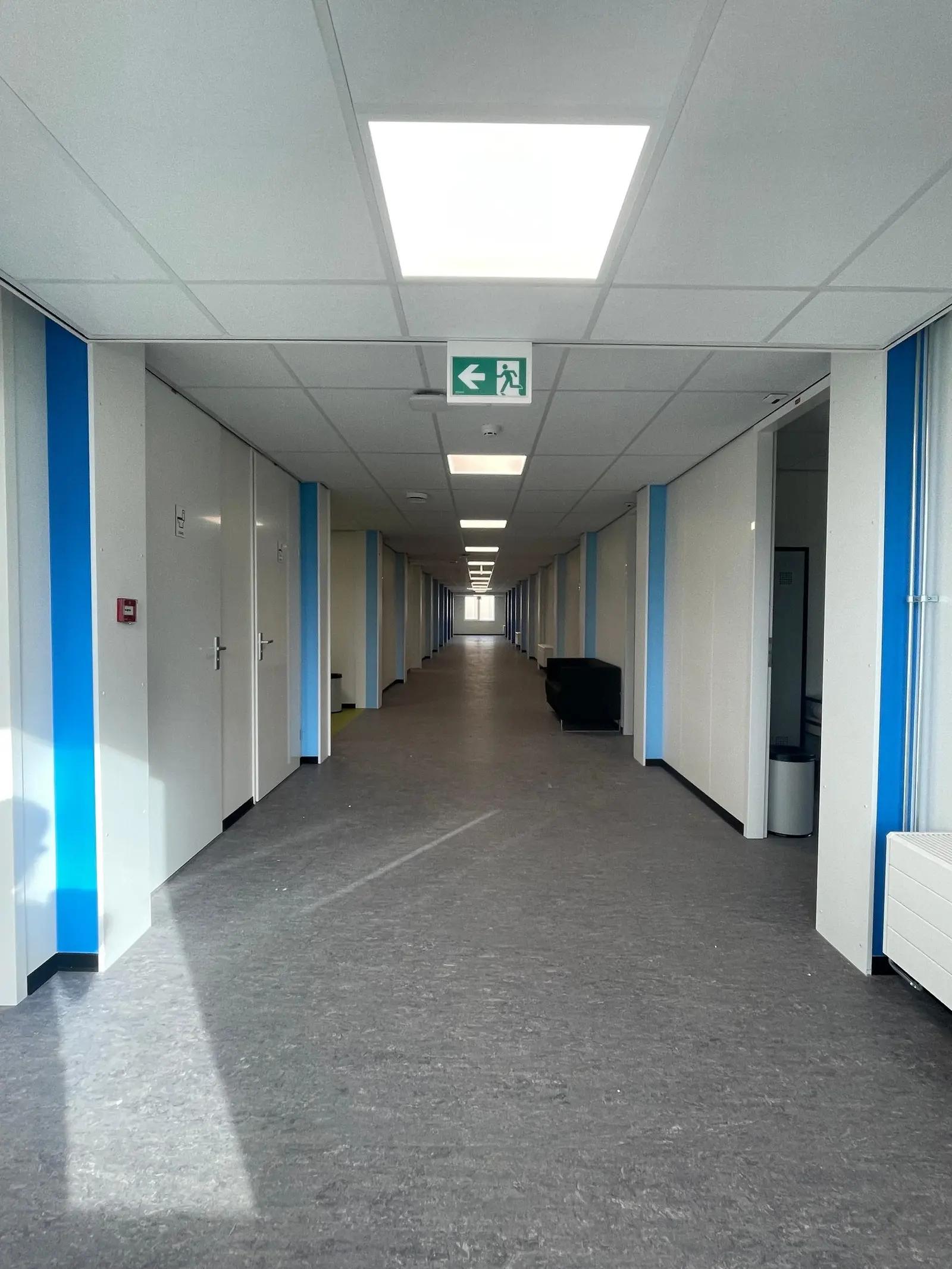 Blauwe illustraties en een herkenbaar gebouwmotief in de gang.