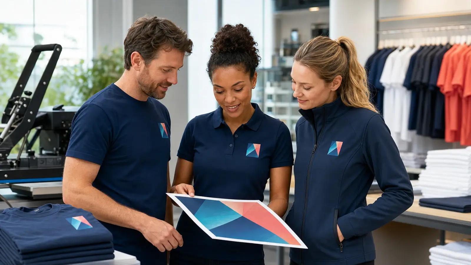 Professioneel team draagt bedrukte T-shirts, polo en softshell bedrijfskleding