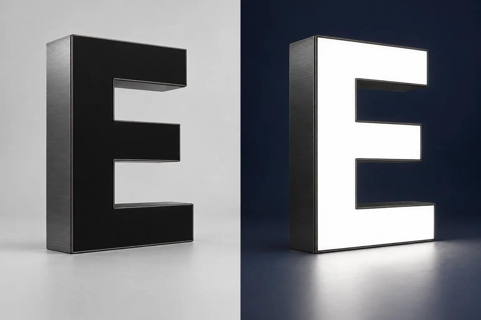 Day-and-night-front van een doosletter: overdag zwart en met ingeschakelde verlichting wit.