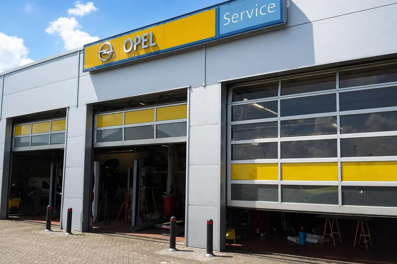 Opel Service gevelreclame met geel-blauw lichtbord en gele raamfolie op garagedeuren, toegepast als herkenbare signing voor een autowerkplaats.